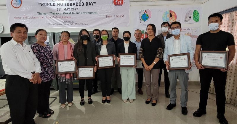 Dr Arenla Walling and Dr Vezokholu Theyo with dental clinic proprietors after declaring 10 tobacco- free dental clinic in Kohima on May 31. (Morung Photo)